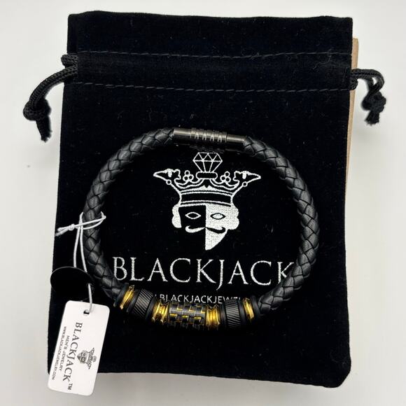 Blackjack BJB210G Mens Black Leather Gold Plated Steel Carbon Fiber Bracelet - Picture 1 of 16